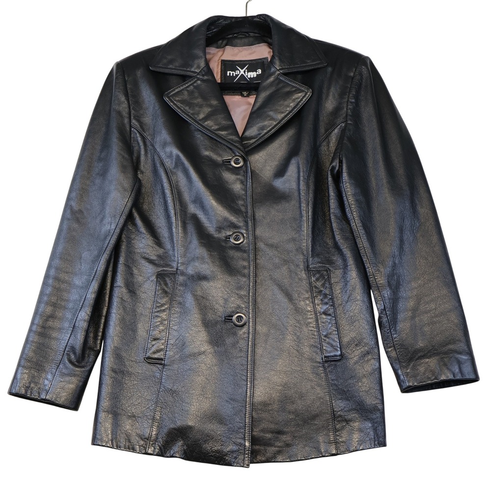 Maxima Wilsons Womens M Leather Jacket Black 3-Button Blazer Mid-Length Coat